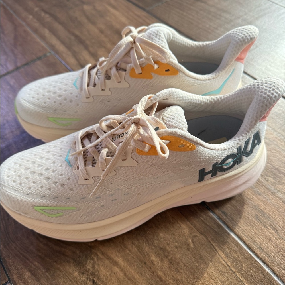Hoka Cream and Yellow Athletic Shoes